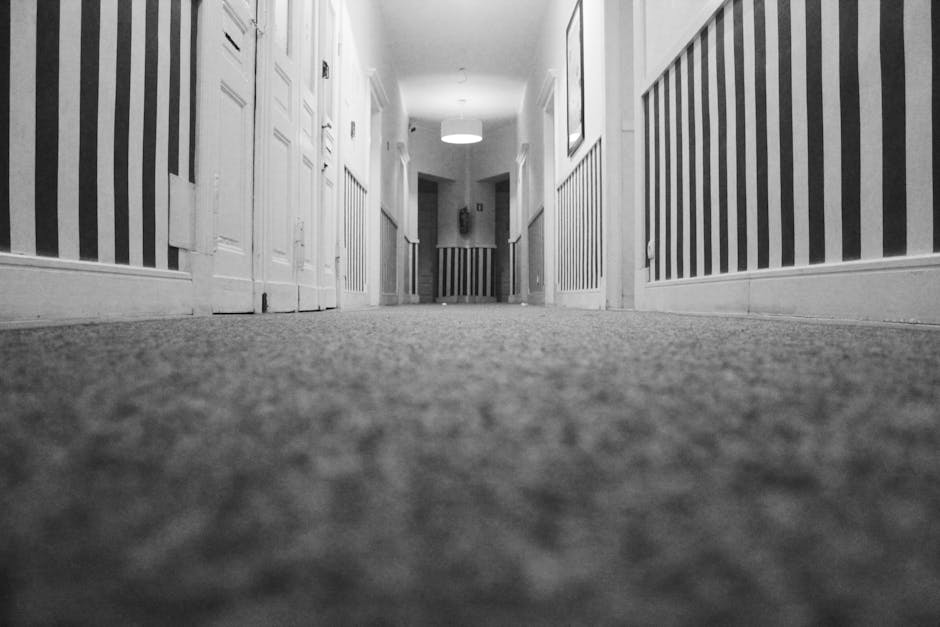 A low-angle view of a narrow corridor with patterned wallpaper on both sides and white wooden panels at the lower section of the walls. The carpeted floor appears clean with a textured, slightly coarse surface, and there is a soft, diffused light illuminating the space from an overhead fixture. At the far end of the corridor, a doorway is visible, leading into another room, with a fire extinguisher mounted on the wall nearby. The overall scene depicts an orderly, tidy interior space suitable for routine domestic or commercial cleaning, highlighting the importance of surface cleaning and maintenance, aligned with the services offered by Islington Carpet Cleaners on their website.